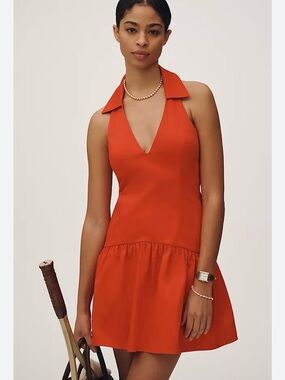 Flirty & Sporty Red Cotton Drop-Waist Halter Mini Dress by Maeve Large